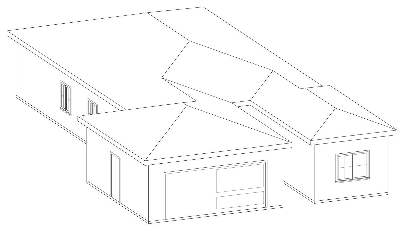 Three-dimensional line drawing of a single-family home with a play room addition and covered porch