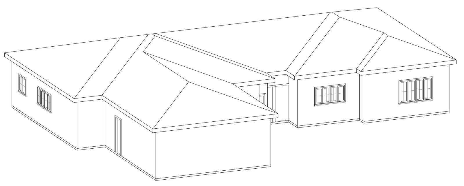 Three-dimensional line drawing of a single-family home with a primary suite addition
