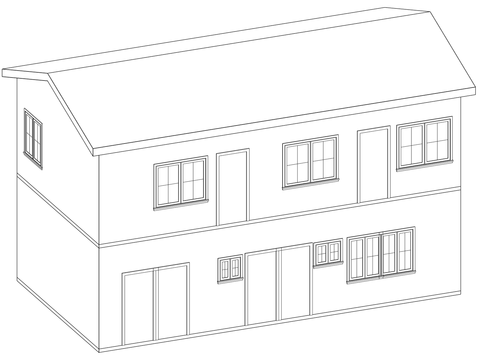Three-dimensional line drawing of a two-story detached ADU with a gable roof