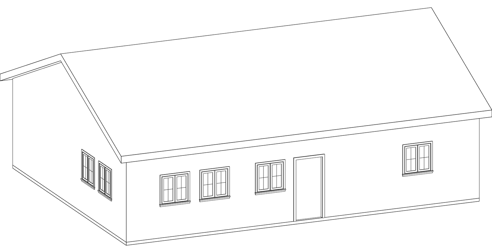 Three-dimensional line drawing of The Sightline 1200, a three-bedroom gable-roof detached ADU