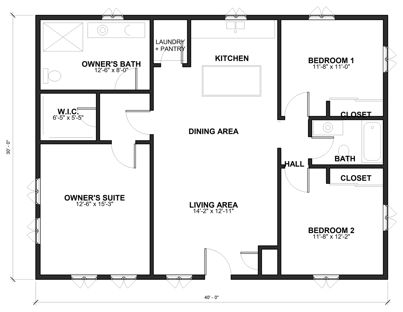 Floor plan of The Sightline 1200 showing the owner's suite with walk-in closet and bath, two bedrooms, hall bath, kitchen, dining area, living area, laundry and pantry