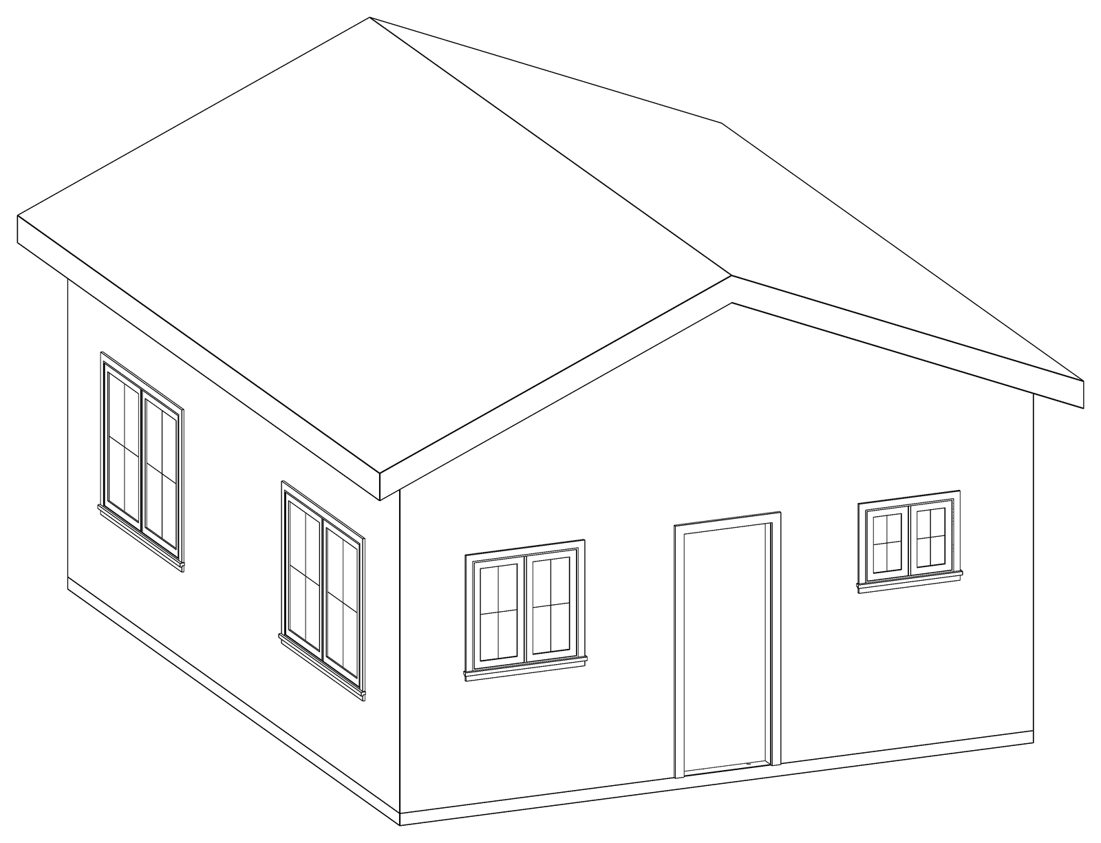 Three-dimensional line drawing of The Sightline 400, a small gable-roof studio ADU with a front entry door and windows