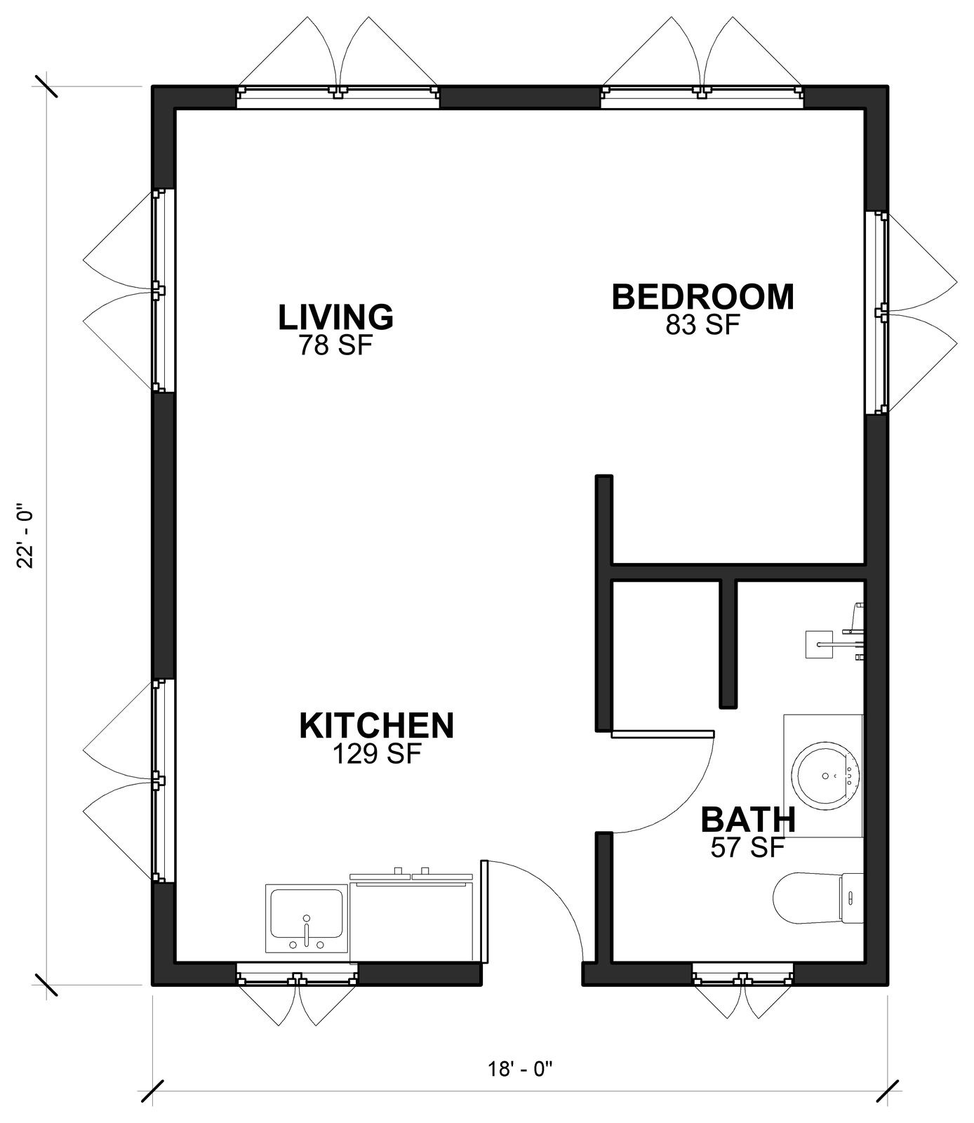 Floor plan of The Sightline 400 studio ADU showing the living area, sleeping area, kitchen and bathroom