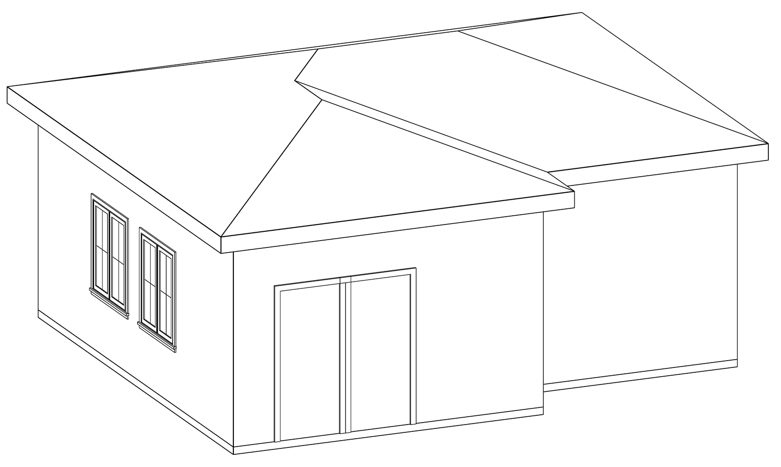 Three-dimensional line drawing of The Sightline 480, a one-bedroom hip-roof ADU on a two-car garage footprint