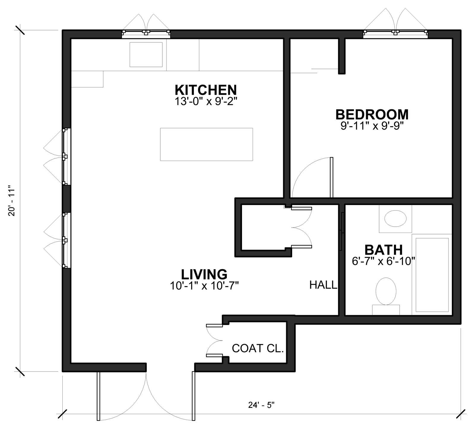 Floor plan of The Sightline 480 showing the living room, kitchen, bedroom, bathroom, hall and coat closet