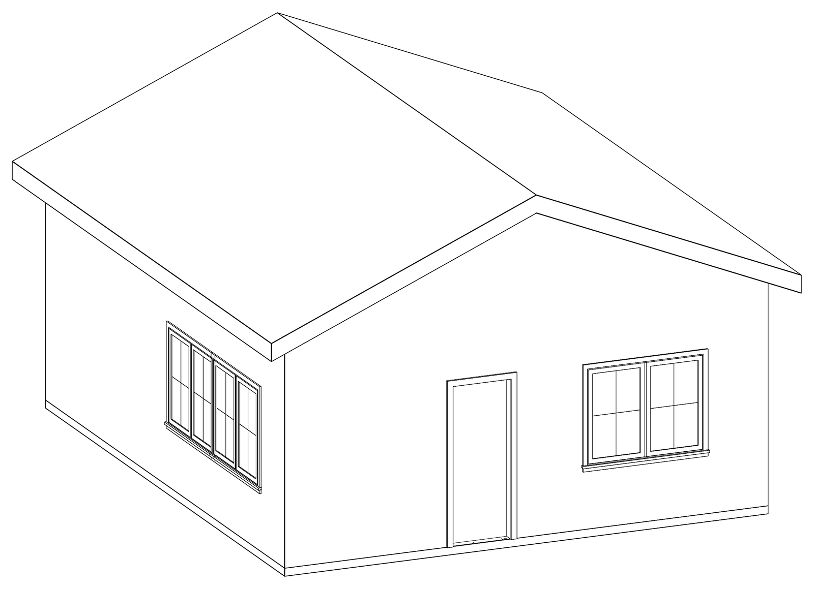 Three-dimensional line drawing of The Sightline 500 A, a one-bedroom gable-roof detached ADU