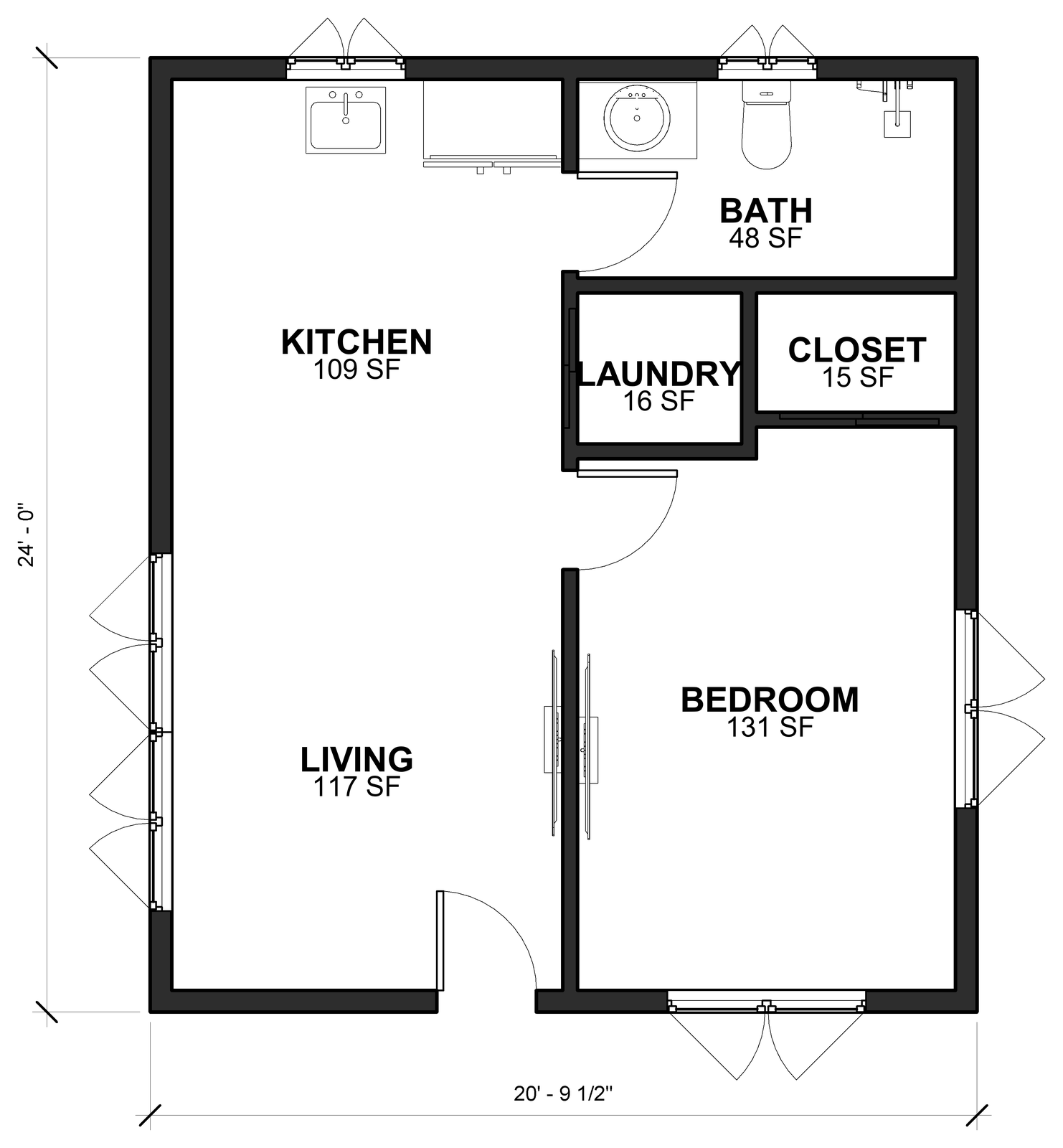Floor plan of The Sightline 500 A showing the kitchen, living room, bedroom, closet, laundry and bathroom