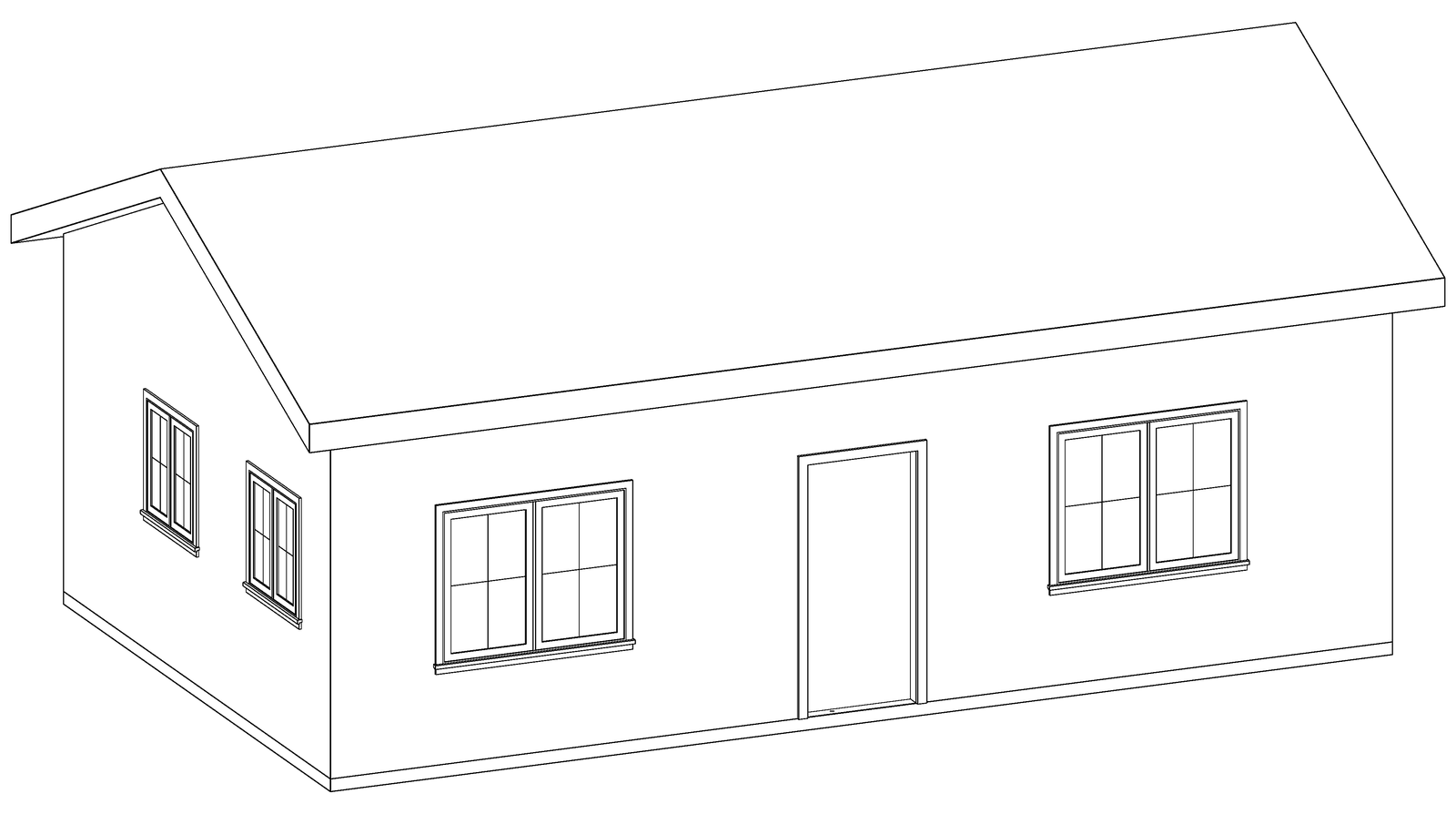 Three-dimensional line drawing of The Sightline 500 B, a narrow one-bedroom gable-roof detached ADU