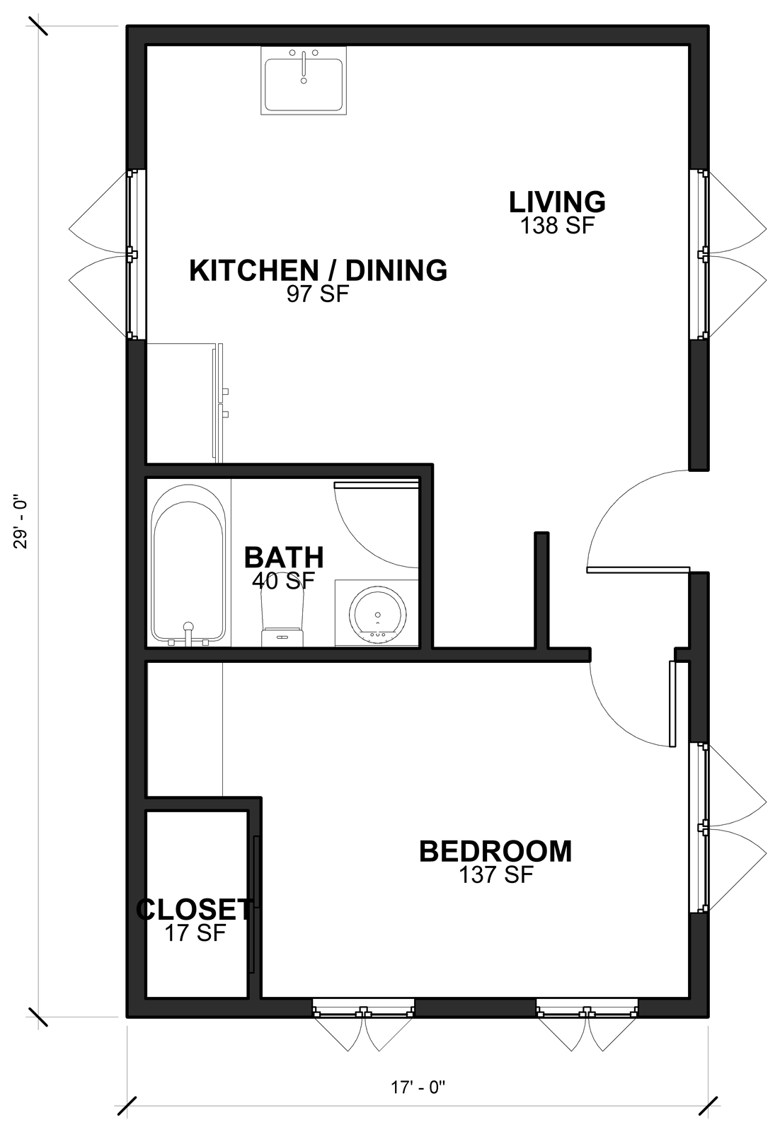 Floor plan of The Sightline 500 B showing the kitchen and dining area, living room, bathroom, bedroom and closet