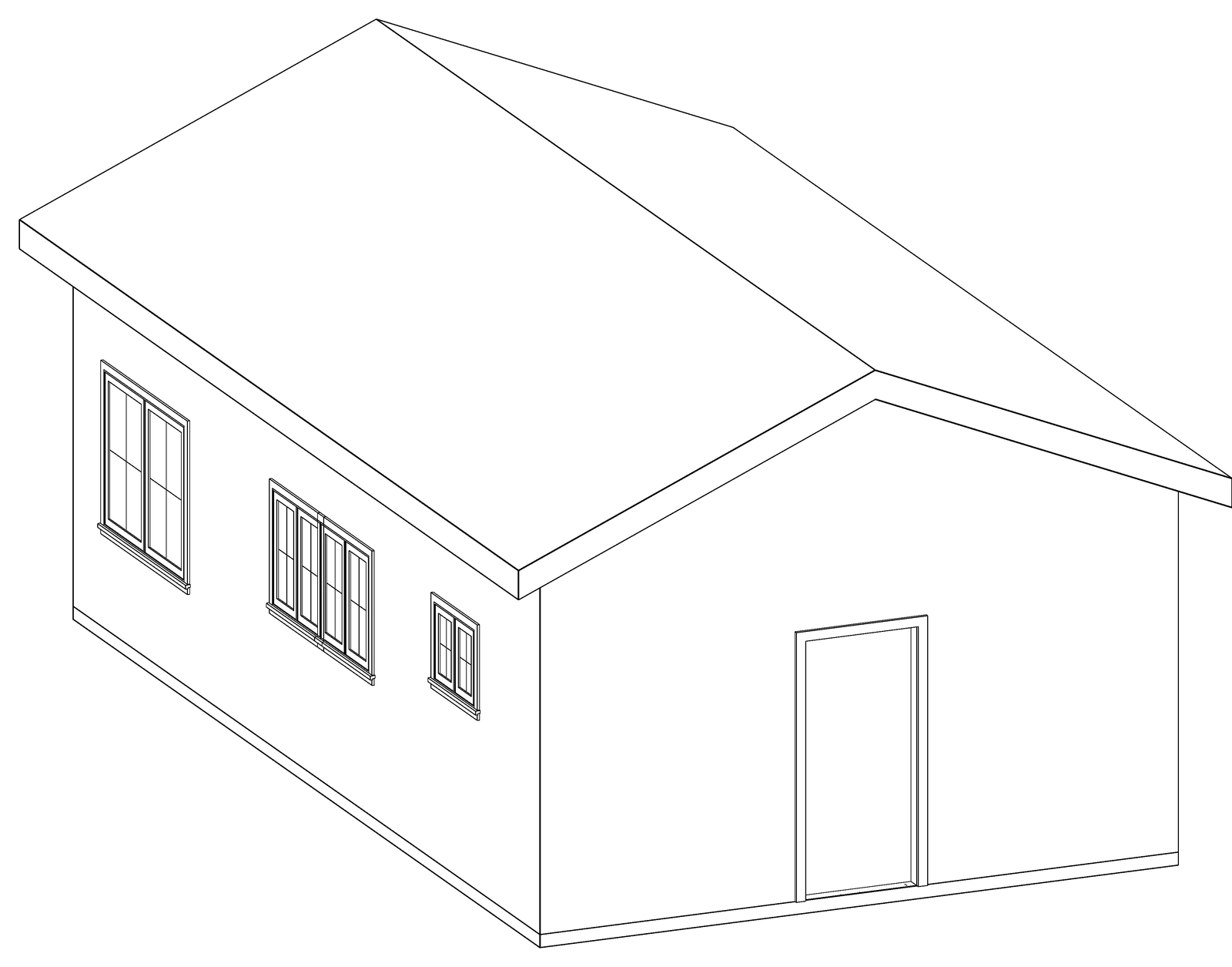 Three-dimensional line drawing of The Sightline 500 C, a narrow two-bedroom gable-roof detached ADU