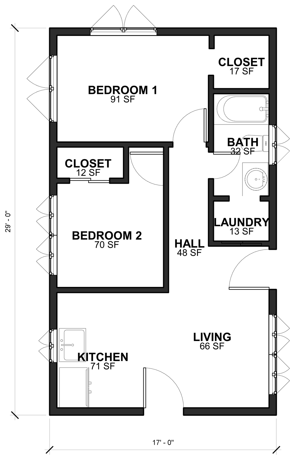 Floor plan of The Sightline 500 C showing two bedrooms with closets, a bathroom, laundry, hall, kitchen and living room