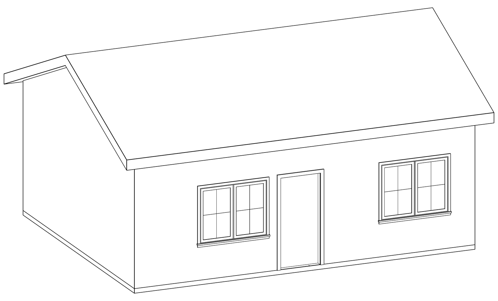 Three-dimensional line drawing of The Sightline 500 D, a two-bedroom gable-roof detached ADU