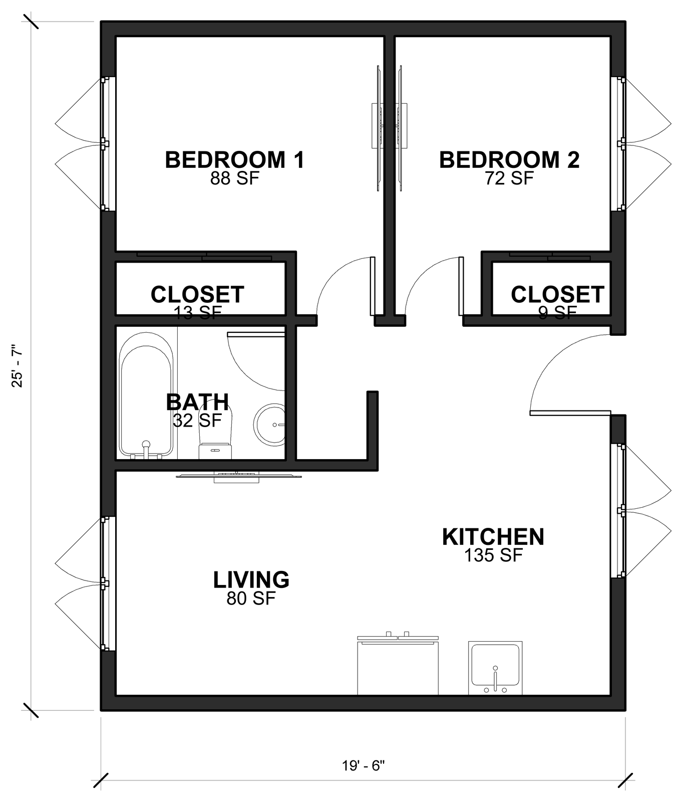 Floor plan of The Sightline 500 D showing two bedrooms with closets, a bathroom, kitchen and living room