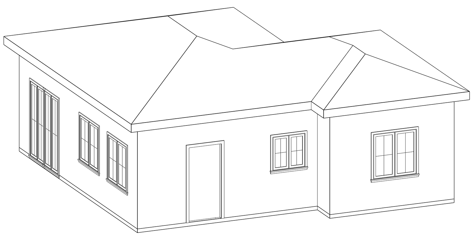 Three-dimensional line drawing of The Sightline 652, an L-shaped one-bedroom ADU with hip roofs