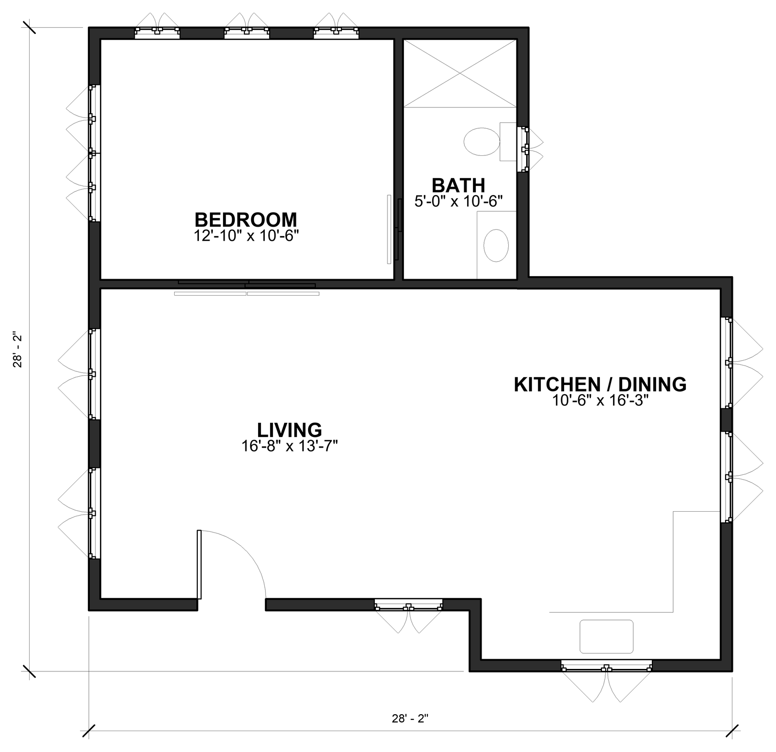 Floor plan of The Sightline 652 showing the bedroom, bathroom, living room and kitchen and dining room arranged in an L shape