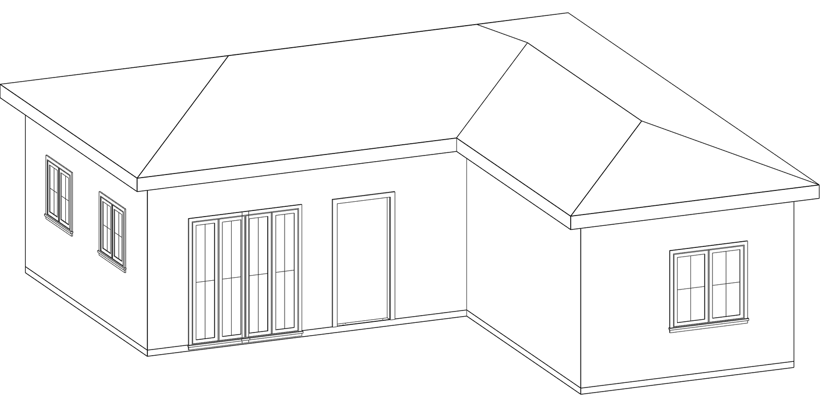 Three-dimensional line drawing of The Sightline 660, a two-bedroom two-bath hip-roof detached ADU