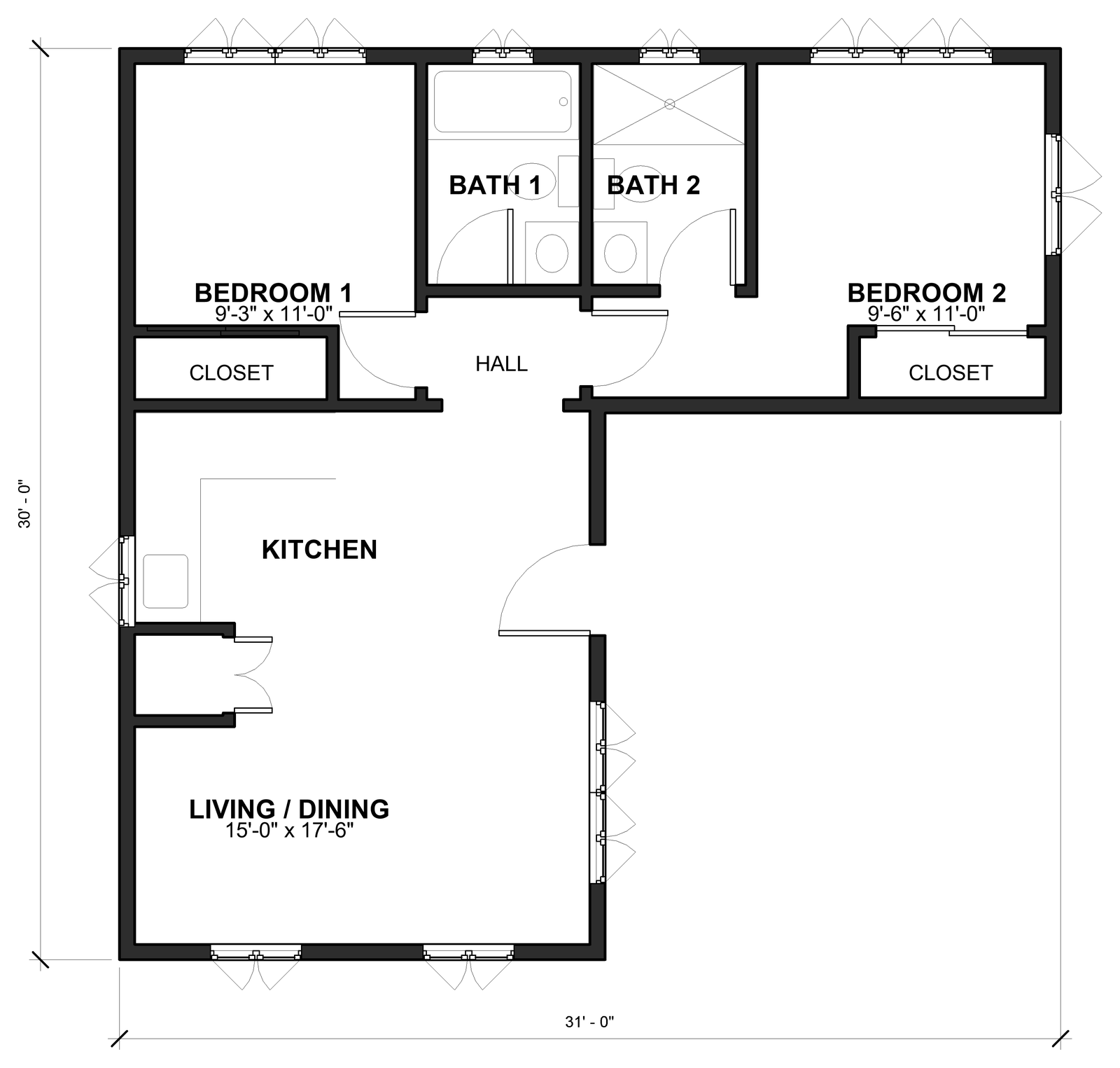 Floor plan of The Sightline 660 showing two bedrooms with closets, two bathrooms, a hall, kitchen and living and dining room