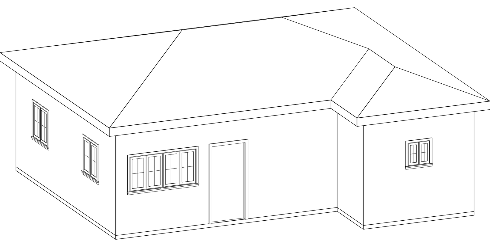 Three-dimensional line drawing of The Sightline 685, a two-bedroom two-bath hip-roof detached ADU