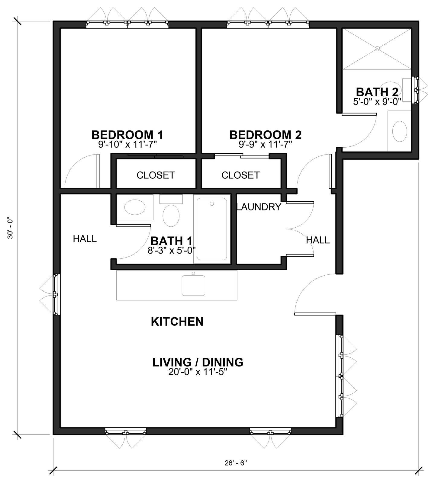 Floor plan of The Sightline 685 showing two bedrooms, two bathrooms, laundry, halls, kitchen and a living and dining room